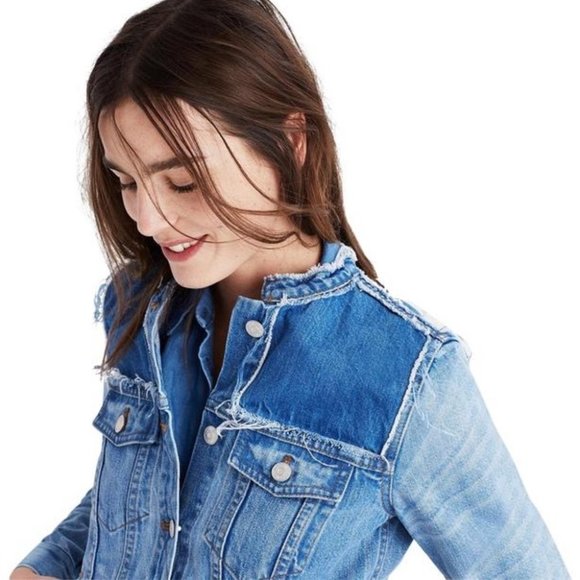 Madewell Distressed Collarless Denim Jacket Thunder Cloud - Picture 2 of 12